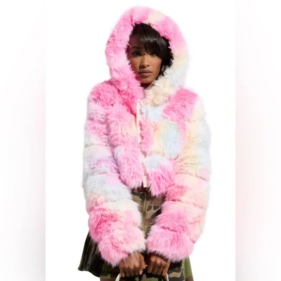 AKIRA NWT Stunning Multicolor Faux Fur Cropped Teddy Hooded Jacket (0722) - Picture 1 of 15